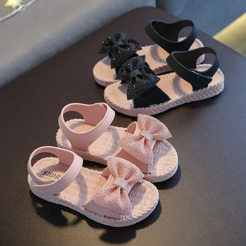 Color: black, Shoe Size: 1.5 - Girls Sandals 2024 Summer Princess Children Sandals Bow Tie Girl Shoes Fashion Casual Non Slip Kids Beach Shoes