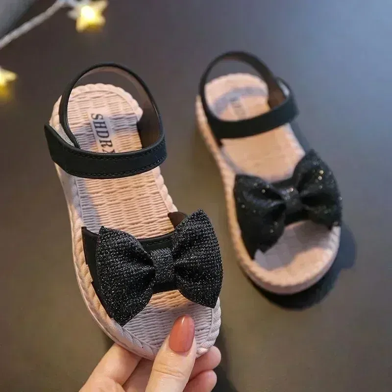 Color: black, Shoe Size: 1.5 - Girls Sandals 2024 Summer Princess Children Sandals Bow Tie Girl Shoes Fashion Casual Non Slip Kids Beach Shoes