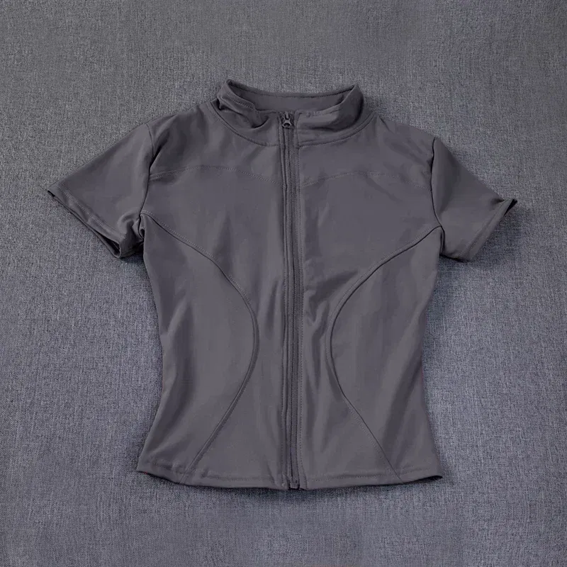 Color: Pink, Size: XL - Summer High Quality Waist Slimming Training Tops Women's Quick-drying Tight Stand Collar Full Zipper Short Sleeves Yoga shirts