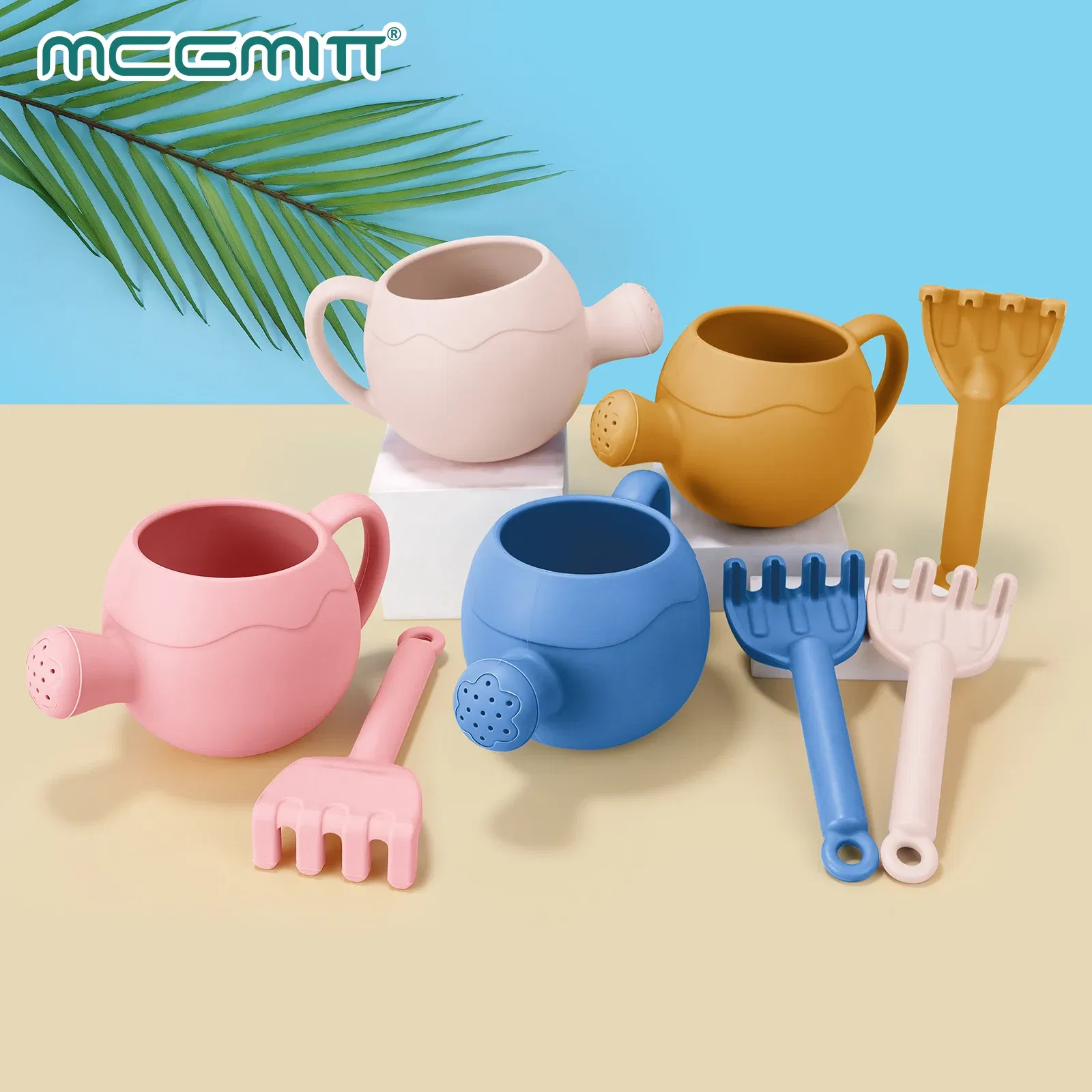 Color: light green - Summer Beach Toys Sand playing tools Soft Silicone Watering Pot Rake Set Play Sand Bucket Shovels Suitable for children outdoors