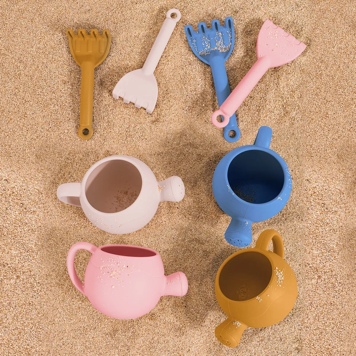 Color: light green - Summer Beach Toys Sand playing tools Soft Silicone Watering Pot Rake Set Play Sand Bucket Shovels Suitable for children outdoors