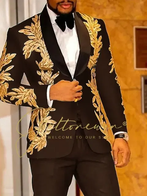Color: Brown, Size: L - Luxury Groom Wedding Tuxedos Gold Sequins Appliques Black Men Suits Slim Fit Costume Homme Marriage Prom Suits