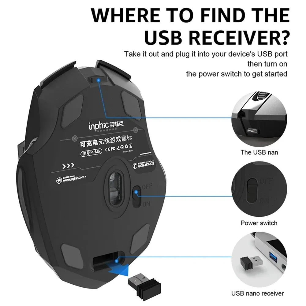 Color: green - Bluetooth Compatible Mouse Rechargeable 2.4G INPHIC PM6 Wireless Mouse Office Mute Support PC Laptop Tablet Smartphone Universal