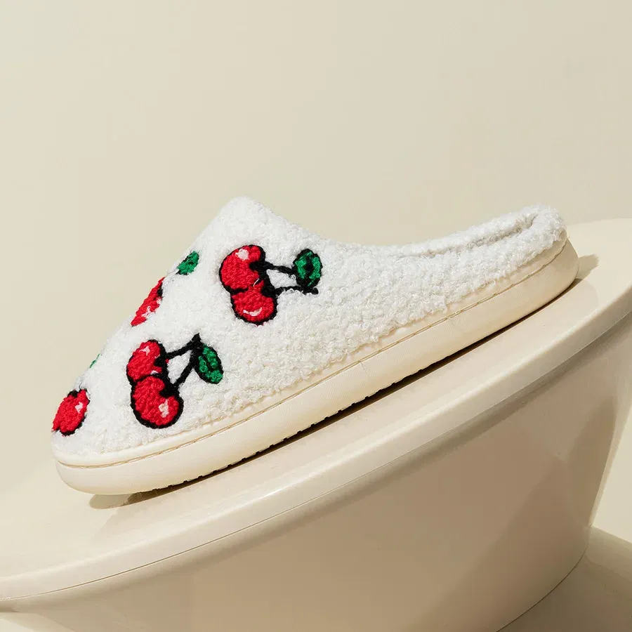 Color: Yellow, Shoe Size: 5 - Cute Little Cherry Slippers Women Fluffy Cherries Fur Plush House Shoes Female Bedroom Comfy Home Flat Slip-on Slides New