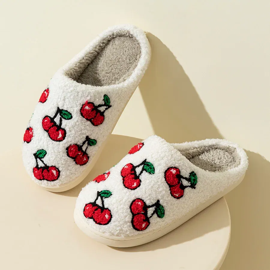 Color: Yellow, Shoe Size: 5 - Cute Little Cherry Slippers Women Fluffy Cherries Fur Plush House Shoes Female Bedroom Comfy Home Flat Slip-on Slides New