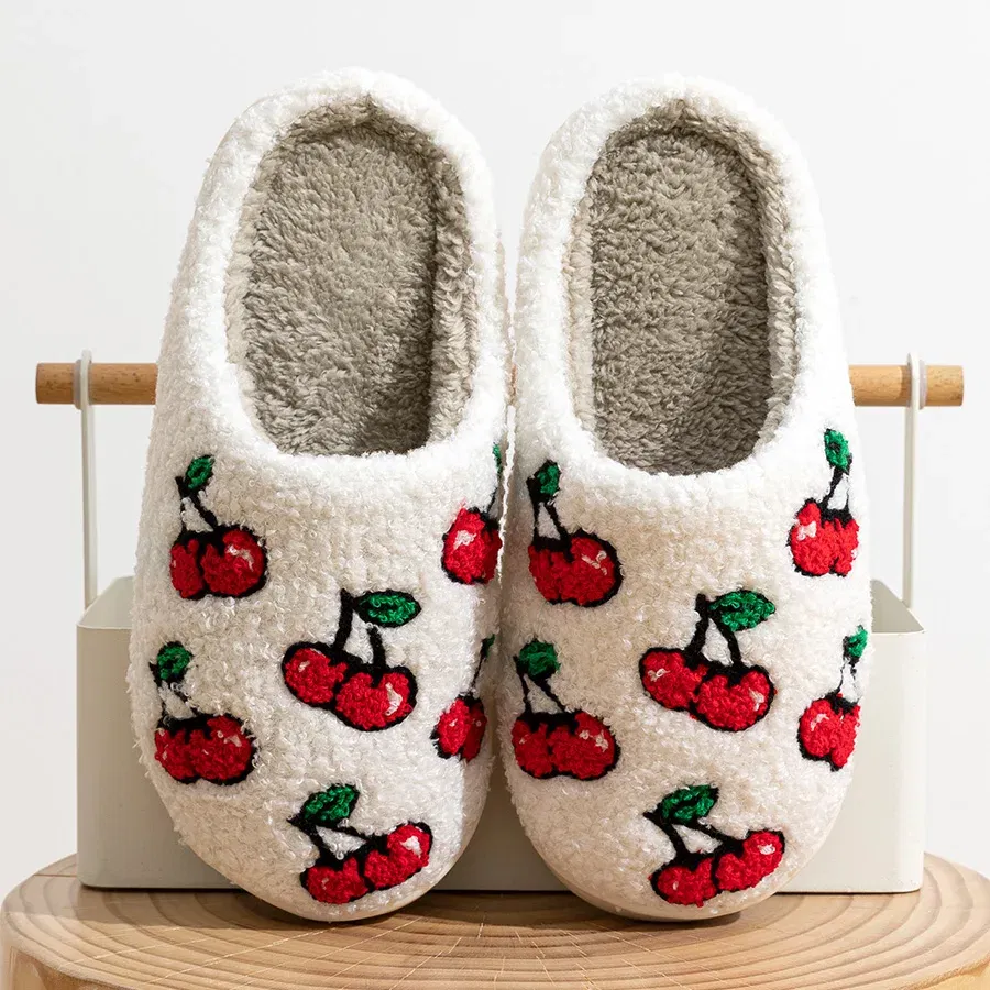 Color: Yellow, Shoe Size: 5 - Cute Little Cherry Slippers Women Fluffy Cherries Fur Plush House Shoes Female Bedroom Comfy Home Flat Slip-on Slides New