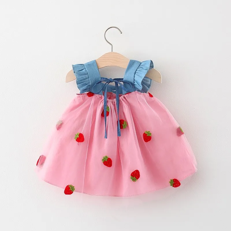 Color: Pink, Kid Size: 12M - Summer girl dress baby girl small flying sleeves denim top with patchwork strawberry embroidery mesh suspender princess dress