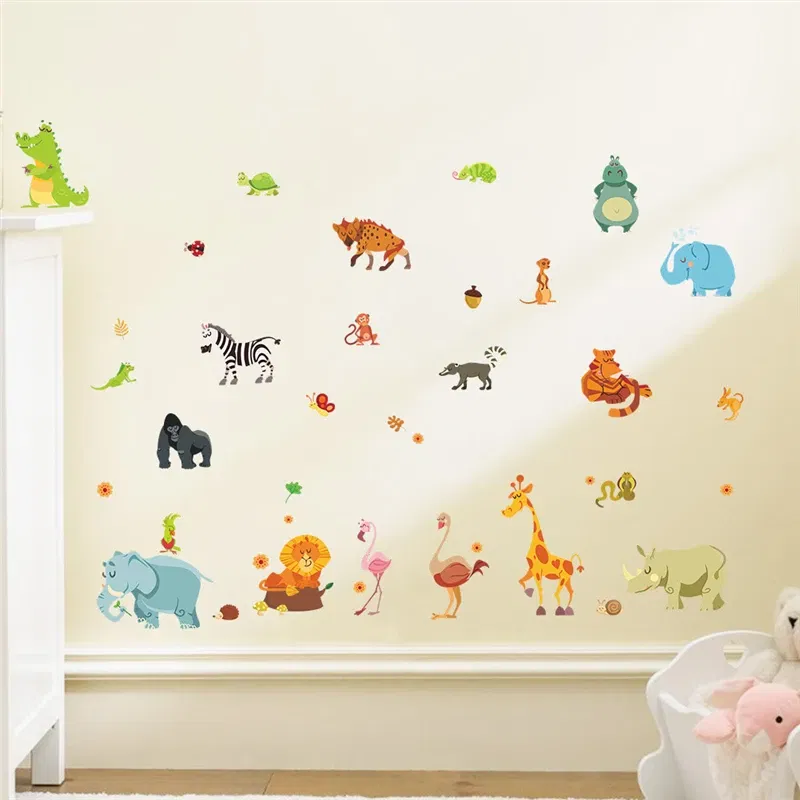 Color: Navy Blue - Funny Animals Bird Swinging Wall Stickers Kids Room Decoration Diy Cartoon Monkey Giraffe Lion Mural Art Pvc Posters Home Decals