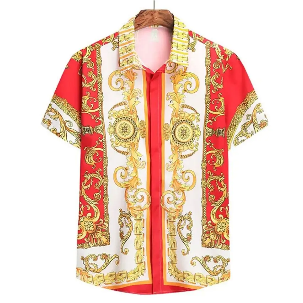 Color: Beige, Size: 4XL - Summer Fashion Men's Short Sleeve Casual Shirts Luxury Style Gold Printed Tops Everyday Casual Wear Men's Shirts Oversized Tops