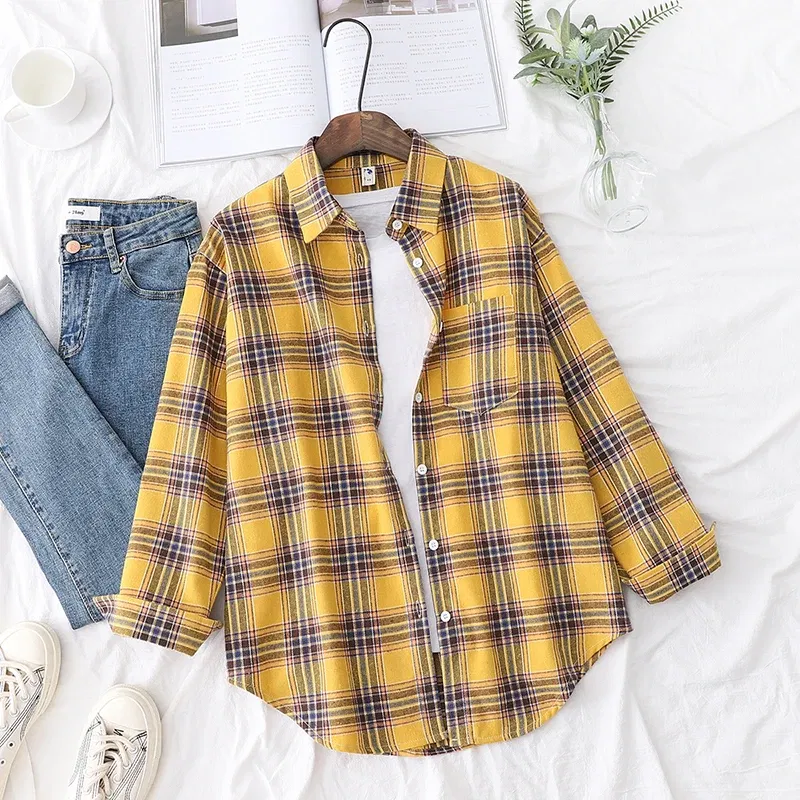 Color: Yellow, Size: XL - Fresh Flannel Plaid Shirt Women 2025 New Female Blouses and Tops Cotton Loose Long Sleeve Casual Shirts Fine Women's Clothes