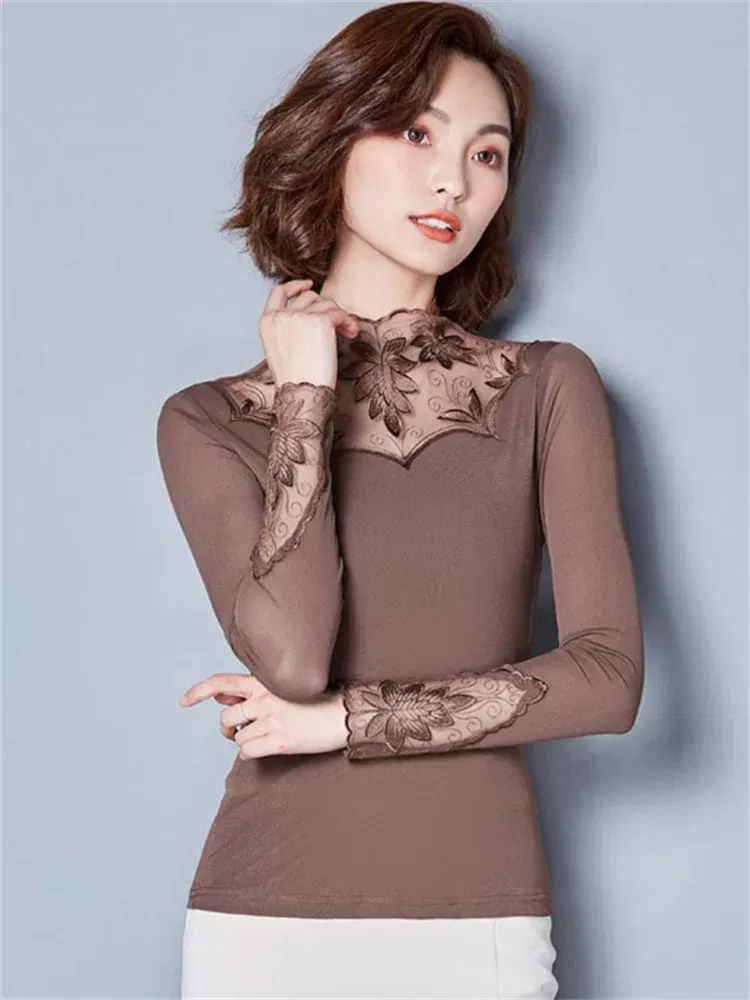 Color: Khaki, Size: L - Hollow Out Women Spring Autumn Style Lace Blouses Shirts Casual Long Sleeve Patchwork Spliced Turtleneck Blusas Tops DF1491