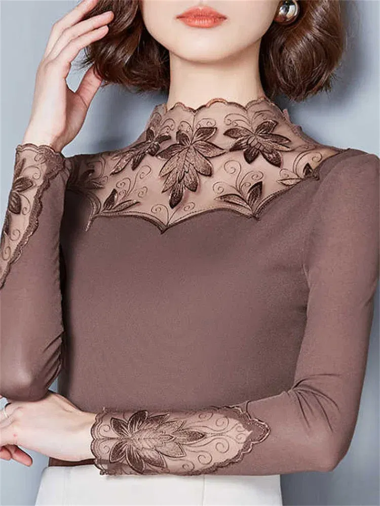 Color: Khaki, Size: L - Hollow Out Women Spring Autumn Style Lace Blouses Shirts Casual Long Sleeve Patchwork Spliced Turtleneck Blusas Tops DF1491