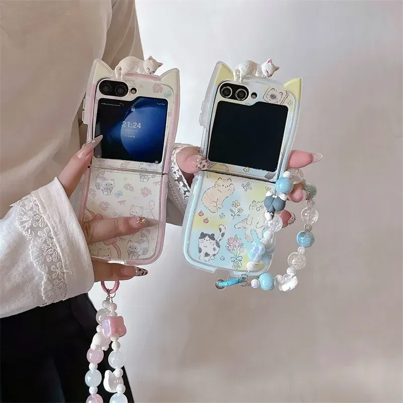 Color: black, Material: EVA - 3D Flower Cat Bracelet Phone Case For Samsung Galaxy Z Flip 7 FE 6 5 4 3 ZFlip6 Z Flip6 ZFlip 6 Cat Ears Shockproof Cover