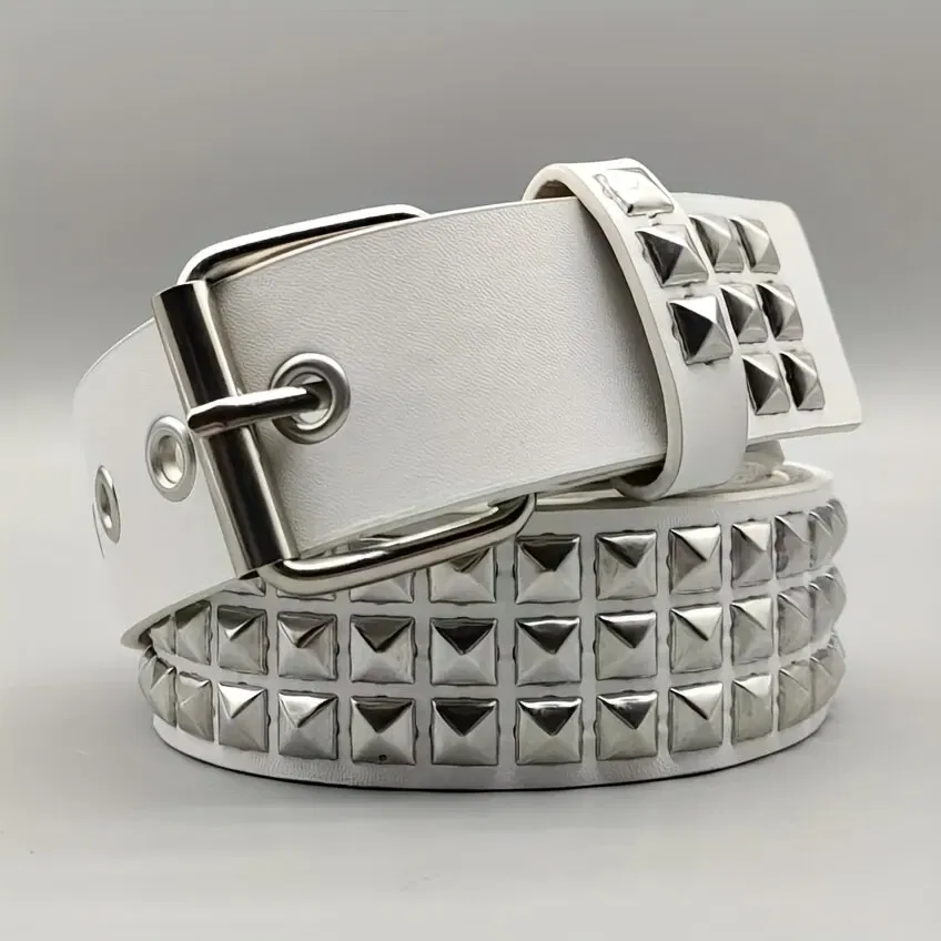 Color: WHITE, Belt Length: 110cm - Fashion New Square Bead Rivet Belt Metal Pyramid Belt Men and Women Punk Hardware Jeans Belt Y2K Belt Designer Belt Women's Belt