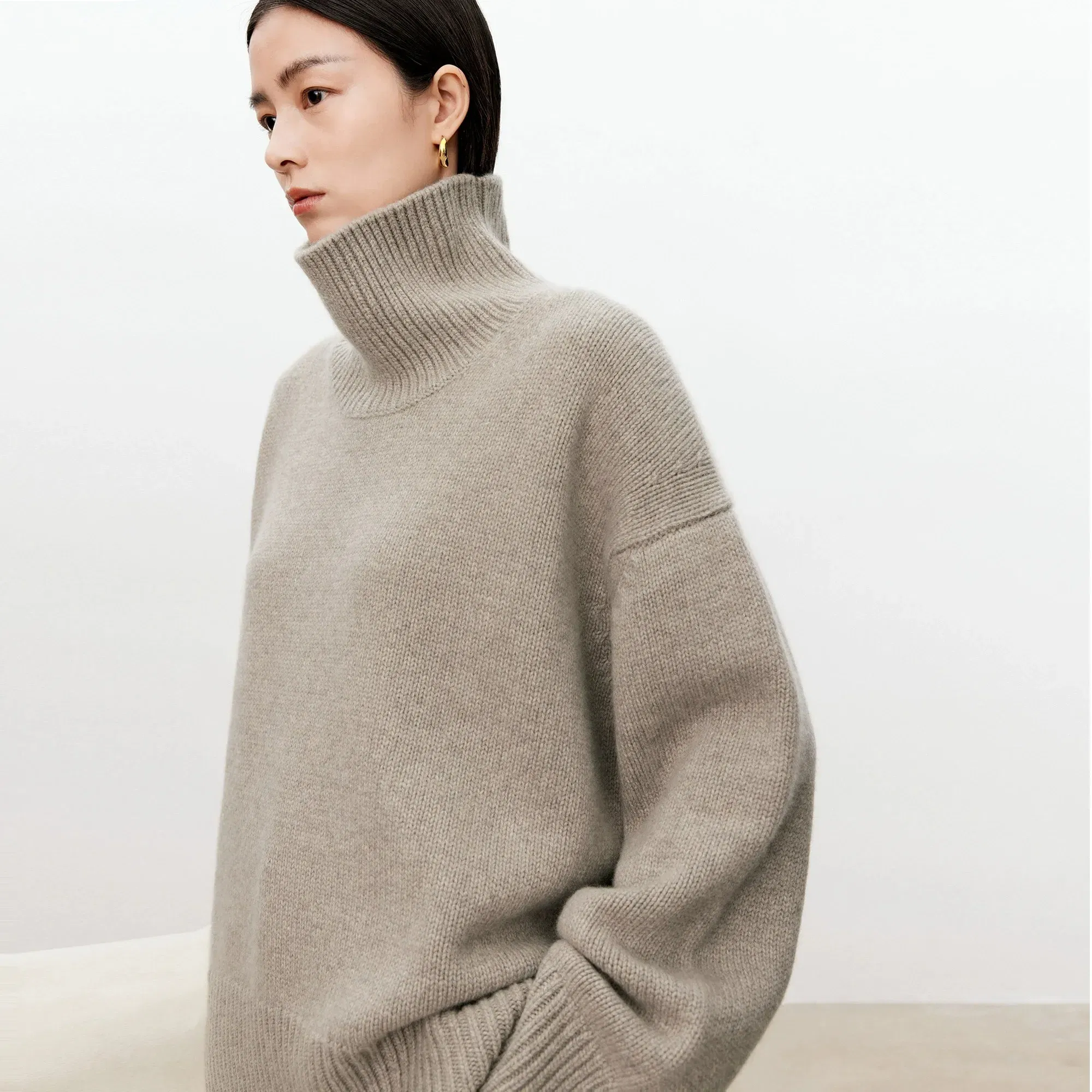 Color: Dark Grey, Size: XL, Ships From: CHINA - Turtleneck pure cashmere sweater female loose and thick languid lazy wind pullover sweater knitting base WOOL sweater