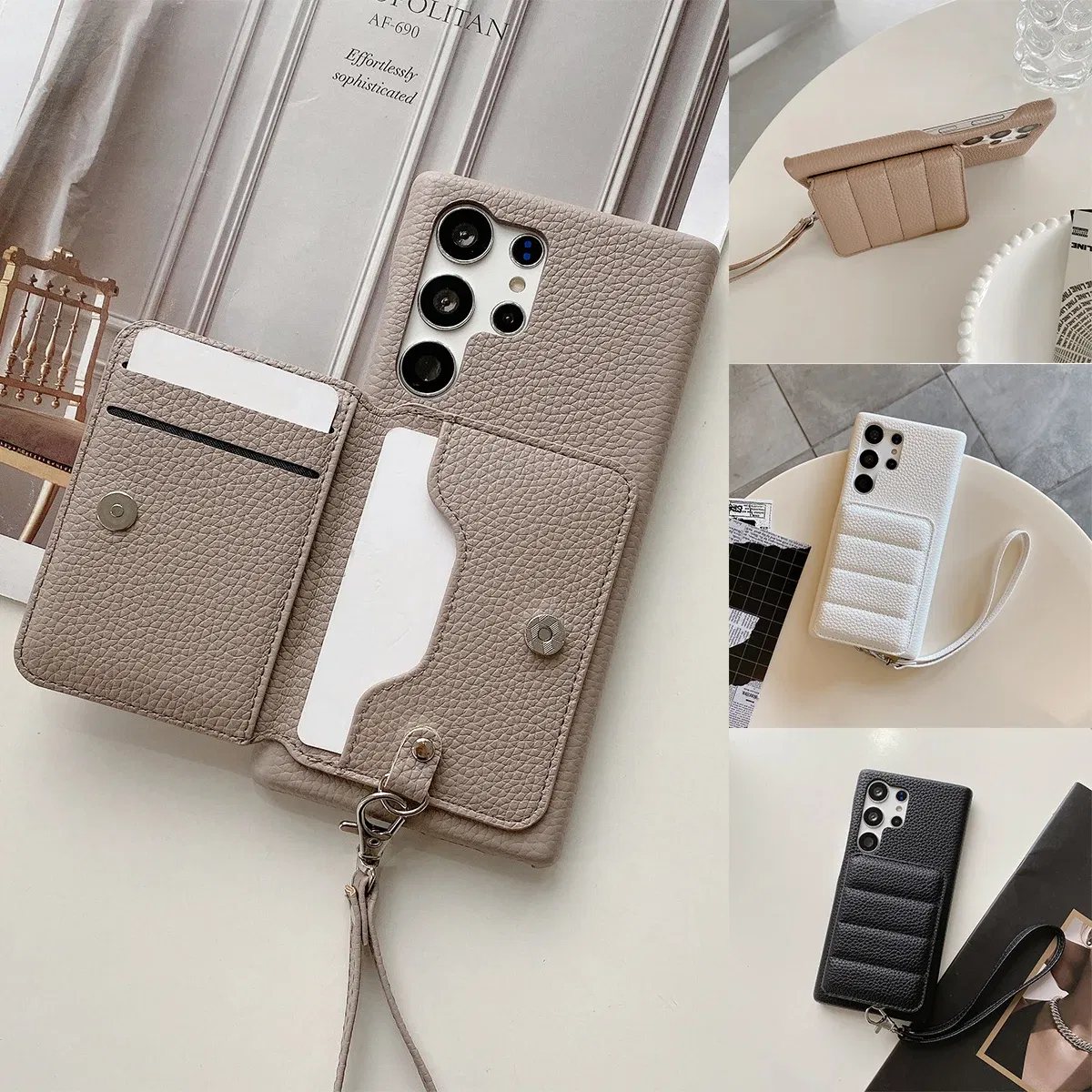 Color: WHITE, Material: Cotton Fabric - Luxury Lanyard Wallet Case For Samsung Galaxy S21 FE S22 S23 Plus Note 20 Ultra A52 A53 A54 5G Lichee Pattern Leather Cover