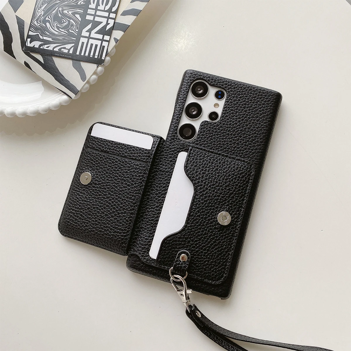 Color: WHITE, Material: Cotton Fabric - Luxury Lanyard Wallet Case For Samsung Galaxy S21 FE S22 S23 Plus Note 20 Ultra A52 A53 A54 5G Lichee Pattern Leather Cover