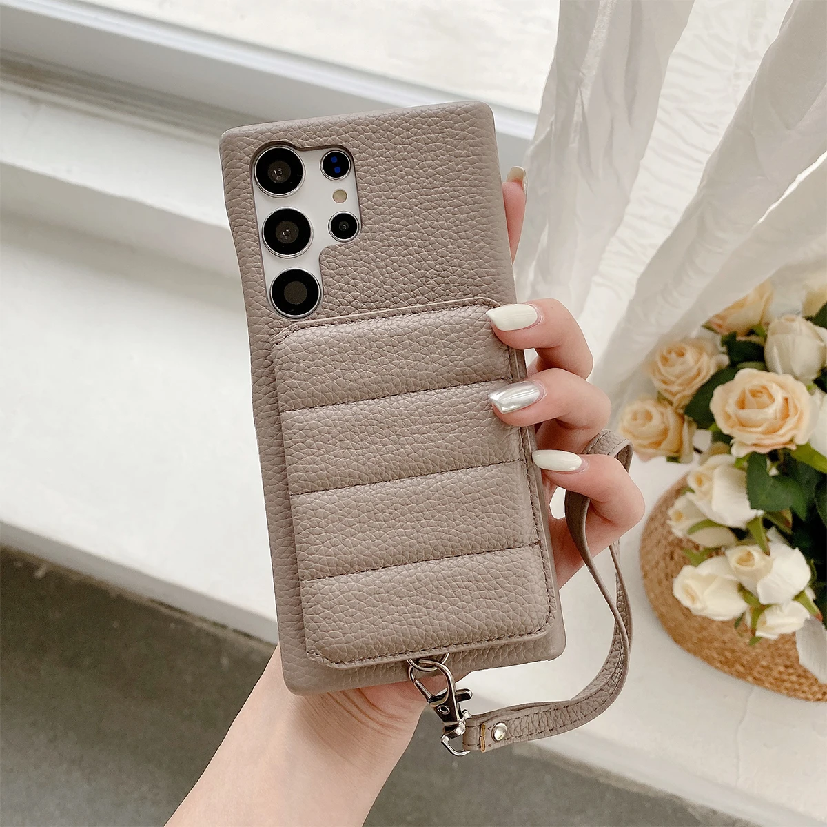 Color: WHITE, Material: Cotton Fabric - Luxury Lanyard Wallet Case For Samsung Galaxy S21 FE S22 S23 Plus Note 20 Ultra A52 A53 A54 5G Lichee Pattern Leather Cover