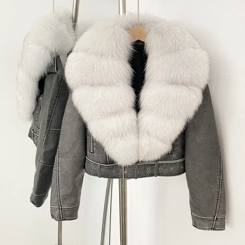 Color: Pink, Size: XL - Fake Leather Coat New Natural Fox Fur Autumn Short Faux Leather Jacket Female Spring PU Women Long Sleeve Real Fur Coat Thin