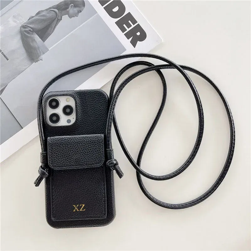 Color: black, Material: PP - Personalized Gold Silver Letters Leather PU Card Holder Lanyard Hard Case For iPhone 14 13 12 11 15 Pro Max XS XR 16 Plus Cover