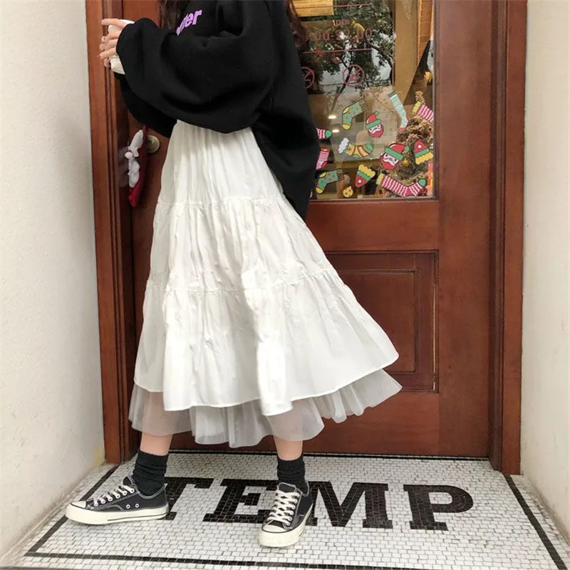 Color: WHITE, Size: XL - Long Tulle Midi Skirts Womens Autumn Elastic High Waist Mesh Tutu Pleated Skirts Female Black White Long Skirt Streetwear