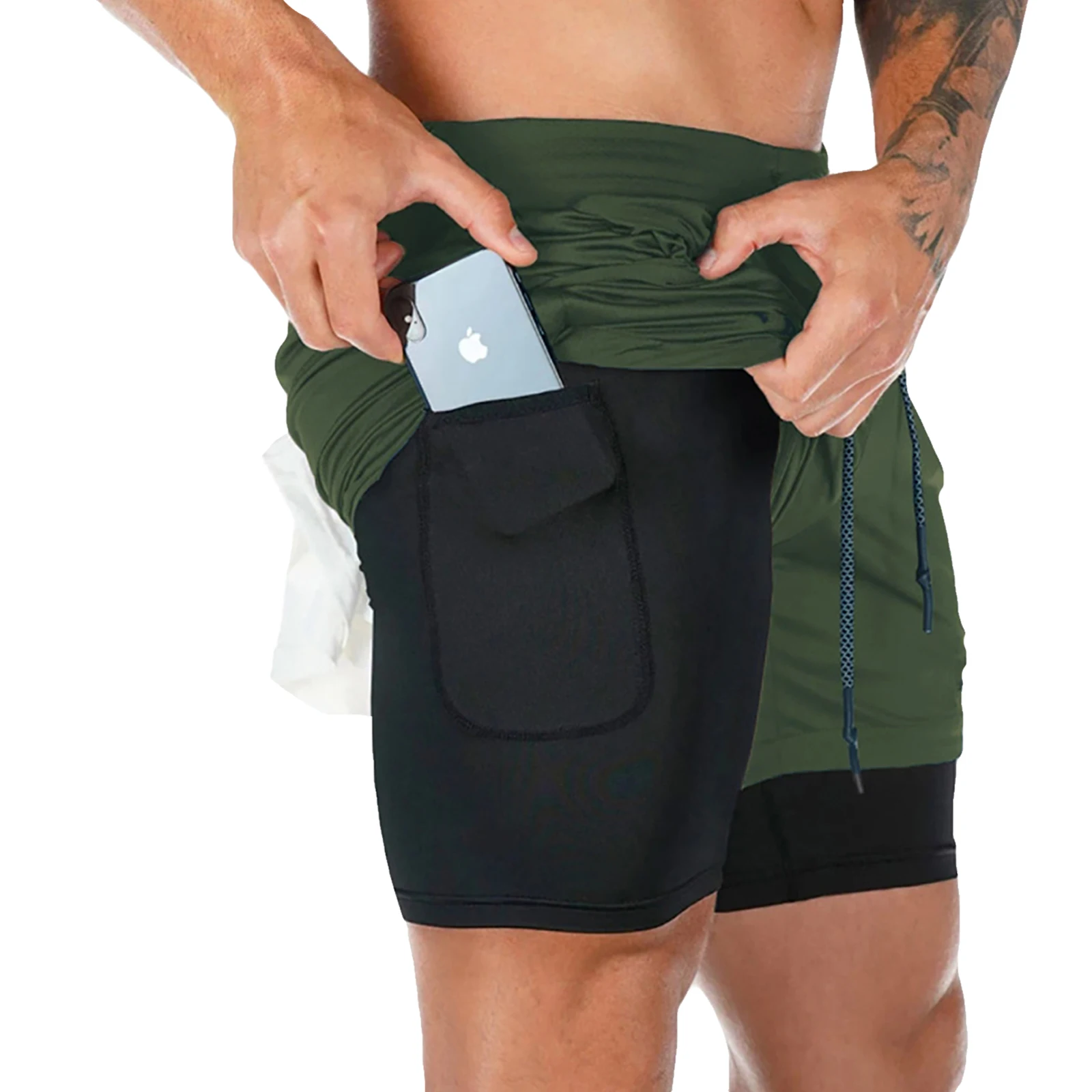 Color: army green, Size: XL - Men's Double Layer Fitness Shorts Drawstring Mesh Lining Elastic Waist Breathable Quick Dry to Beach Pool Summer Male