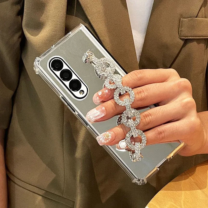 Color: Beige, Material: Cotton Fabric - Luxury Rhinestone Bracelet Phone Cover For Samsung Galaxy Z Fold 6 5 4 3 Makeup Mirror Soft TPU Frame Shockproof Case For Woman