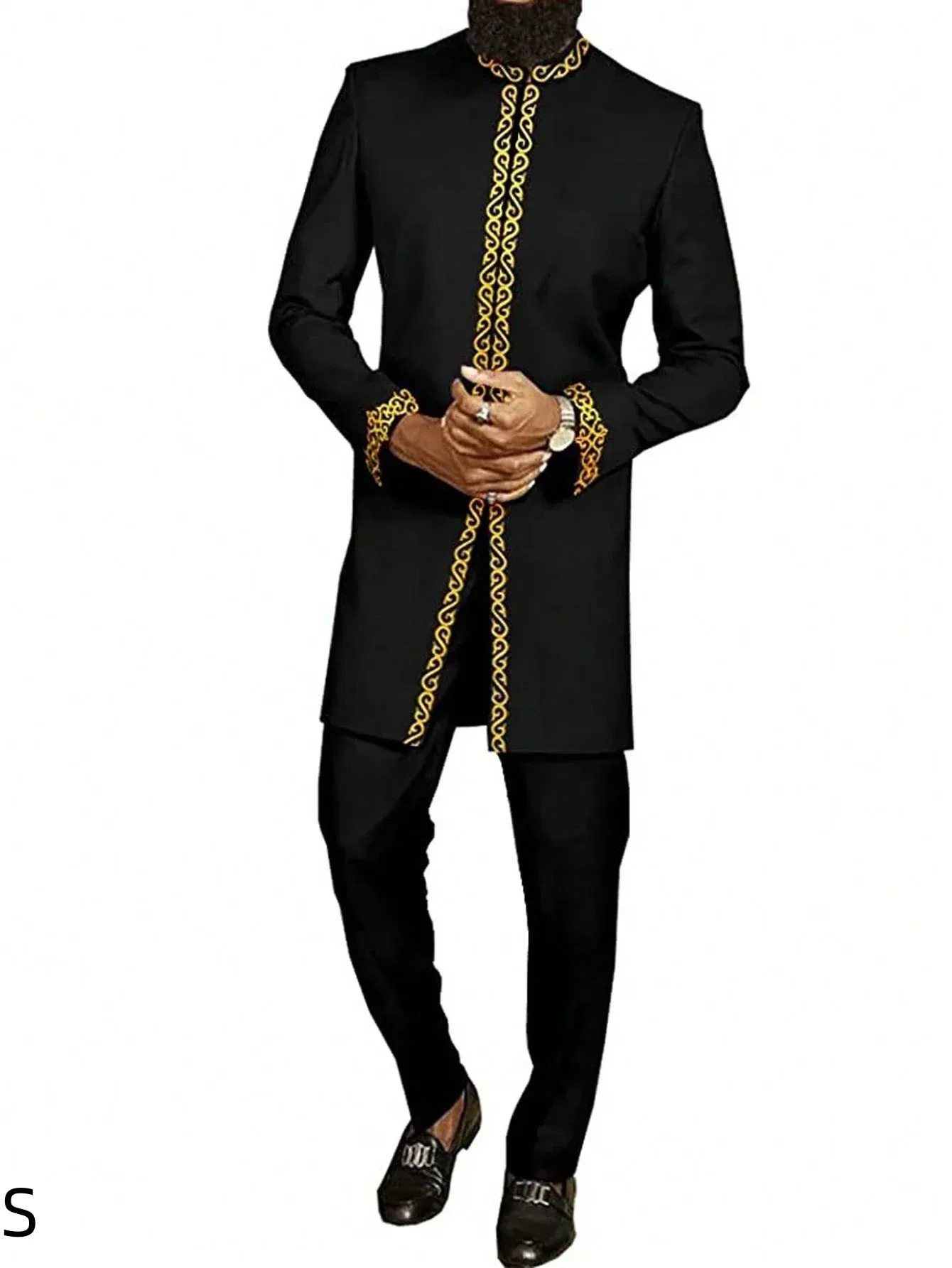 Color: Yellow, Size: L - 2025 New men's suit, white pocket, 2-piece set, luxury wedding casual suit, traditional African style of ethnic minorities