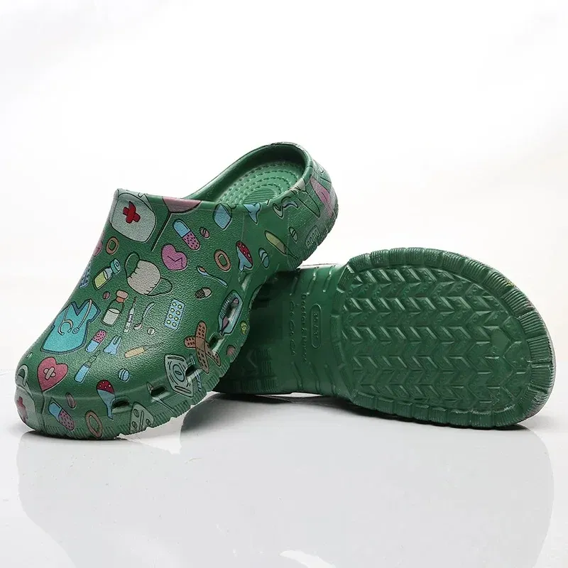 Color: Grass-Green, Shoe Size: 39-40 - Medical print Nurse Clogs EVA Surgical Slippers Lightweight Non-slip Doctor Scrub Clogs Dental Pet Clinic Nursing Clogs Y07-1