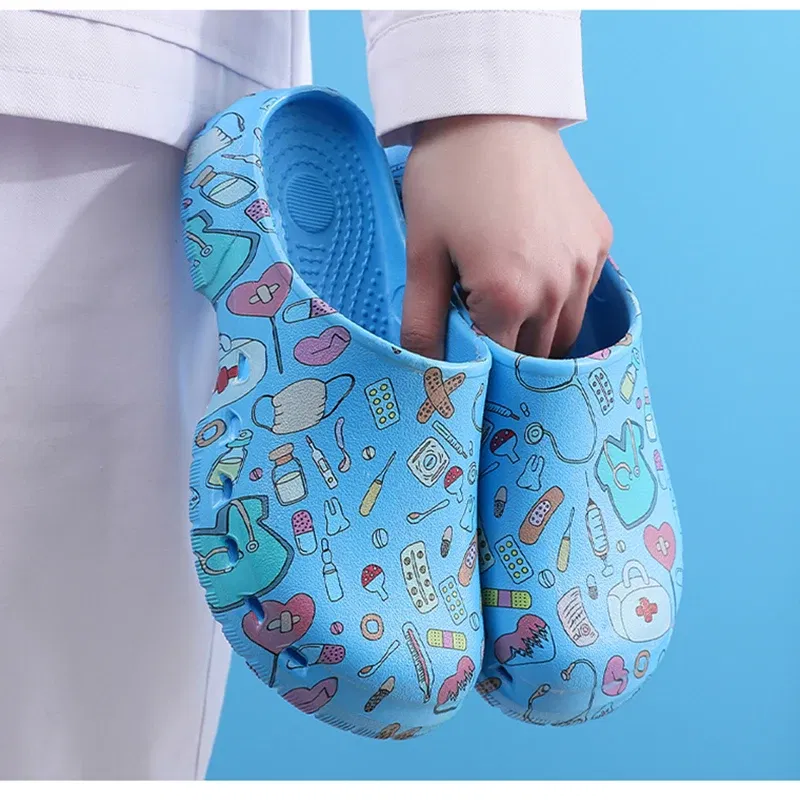 Color: Grass-Green, Shoe Size: 39-40 - Medical print Nurse Clogs EVA Surgical Slippers Lightweight Non-slip Doctor Scrub Clogs Dental Pet Clinic Nursing Clogs Y07-1