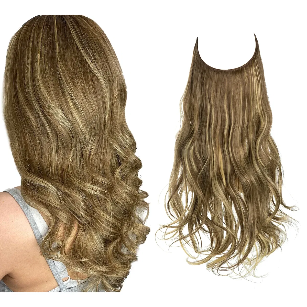 Color: P4/24, Stretched Length: 22INCHES - Synthetic No Clip Wave Hair Extensions Ombre Natural Black Blonde Pink One Piece False Hairpiece Fish Line Fake Hair Piece