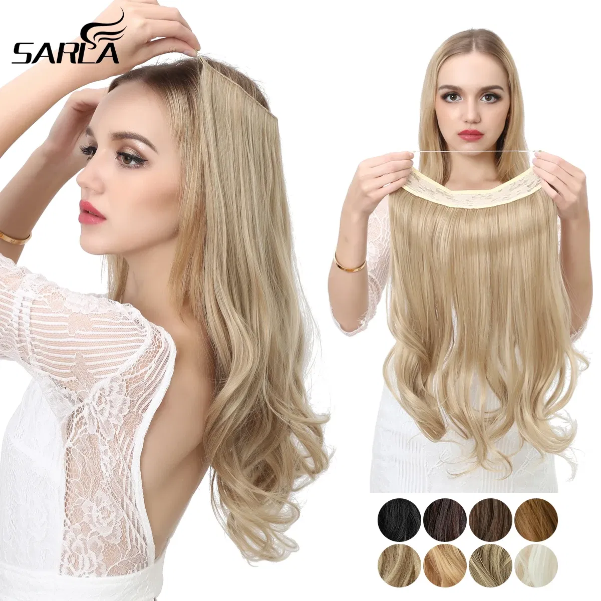 Color: P4/24, Stretched Length: 22INCHES - Synthetic No Clip Wave Hair Extensions Ombre Natural Black Blonde Pink One Piece False Hairpiece Fish Line Fake Hair Piece