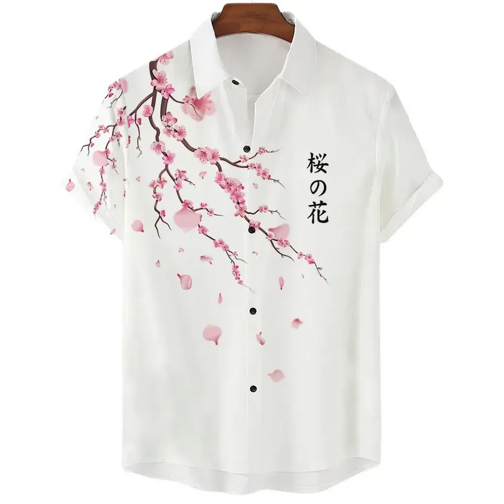Color: Navy Blue, Size: 5XL - Fashionable Luxury Social men's Shirt Lapel button-down Shirt Casual Japanese Aesthetic Cherry Blossom Print short-sleeved Tops