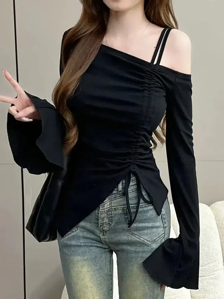 Color: black, Size: L - Sweet Sexy Drawstring Ribbon White Off Shoulder Top Women Basic Long Sleeve Body T-Shirt Elegant Flare Sleeve Lady Tees Pulovers