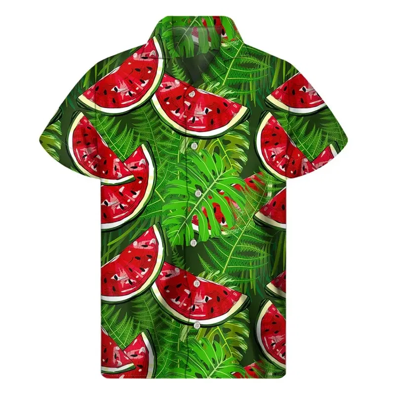 Color: GRAY, Size: M - Tropical Watermelon Graphic Hawaiian Shirt Summer Street Short Sleeves 3d Printed Fruits Button Shirts Men Clothes Lapel Blouse