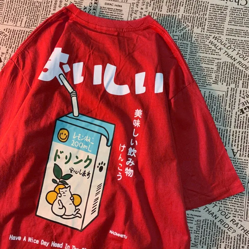 Color: Khaki, Size: XXL - Cute Japanese Cat Print Oversized T-shirt men Women Short Sleeve Loose Casual Tee Shirt Streetwear Tops Cotton Harajuku Clothing