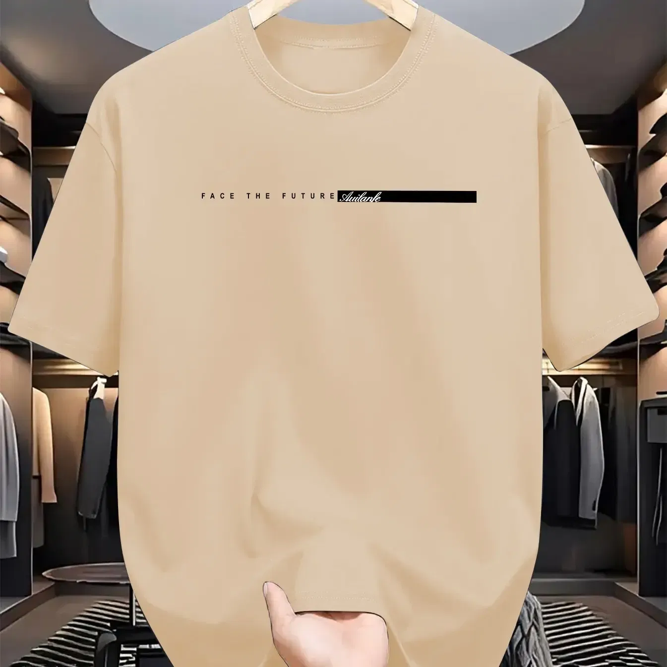 Color: Beige, Size: M - Summer men's 100% cotton casual loose fit large letter print round neck short sleeved T-shirt top High Street Unisex style
