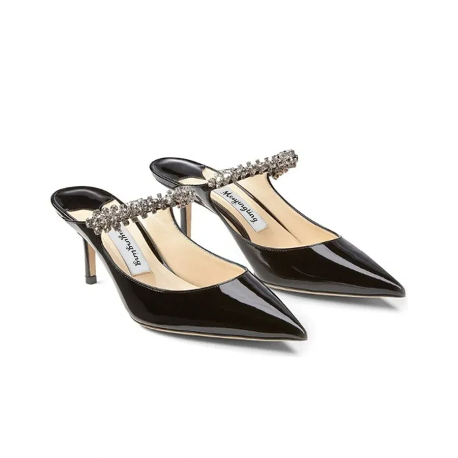 Color: GRAY, Shoe Size: 37, Ships From: CHINA - Elegant Leather Mules Pointed Toe Stylish Rhinestone Embellished High Heel Sandals Sophisticated Party Evening Shoes Footwear