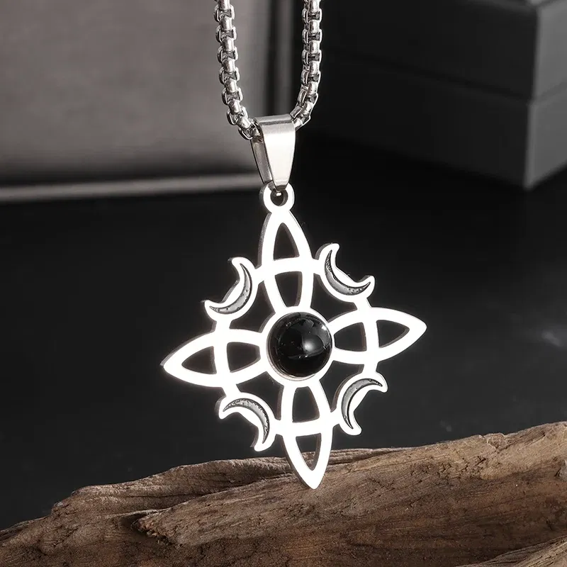Metal Color: Black Zinc Plated - Stainless Steel Silver Color Pattern Witch Knot Pendant Necklace Celtic Knot Lucky Jewelry Gift for Friends Family