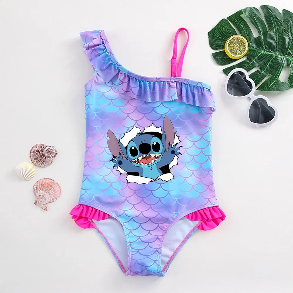 Color: PURPLE, Size: L - Stitch Girls Swimsuit Fashion Mermaid Fish Scale One-Piece Bathing Suits Children's Dresses Summer Swimwear Beach Suit Kids Wear