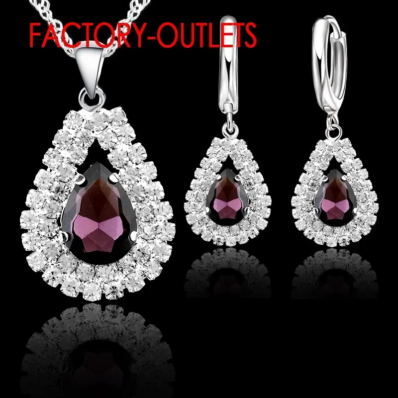 Metal color: Rhodium Plated - Hot Sale 925 Silver Needle Bridal Jewelry Sets Austrian Crystal Water Drop Necklaces Hoop Earrings Women Party Engagement
