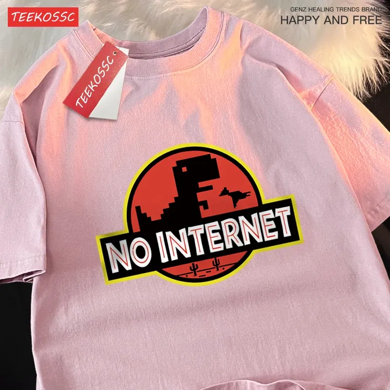 Color: SKY BLUE, Size: M - No Internet Fun Little Dinosaur Short Sleeve Mens Cartoons Cotton Tshirt Summer High Quality Clothing Fashion Oversize T-Shirts