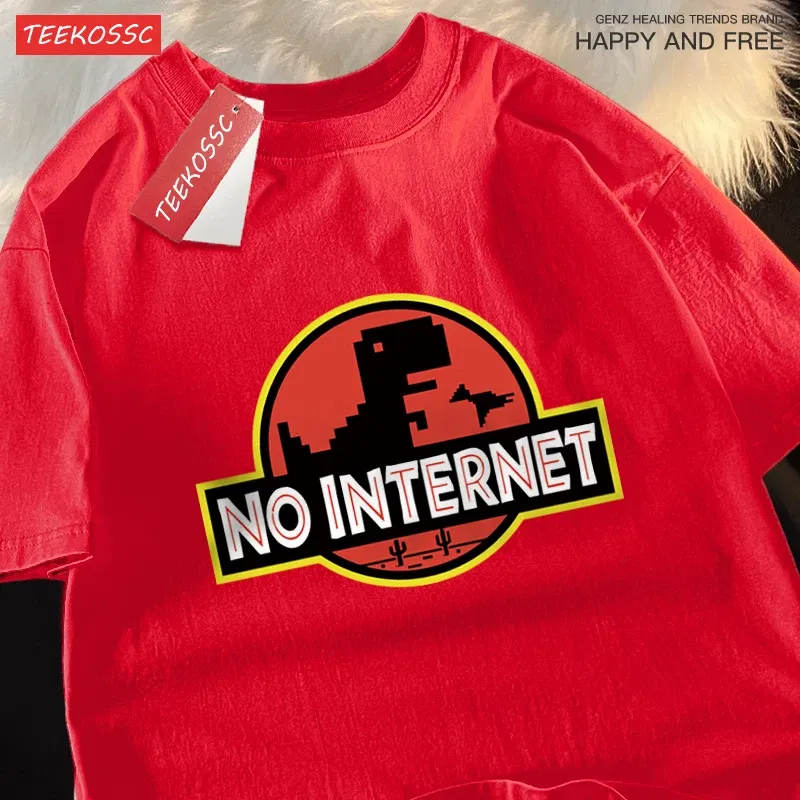 Color: SKY BLUE, Size: M - No Internet Fun Little Dinosaur Short Sleeve Mens Cartoons Cotton Tshirt Summer High Quality Clothing Fashion Oversize T-Shirts