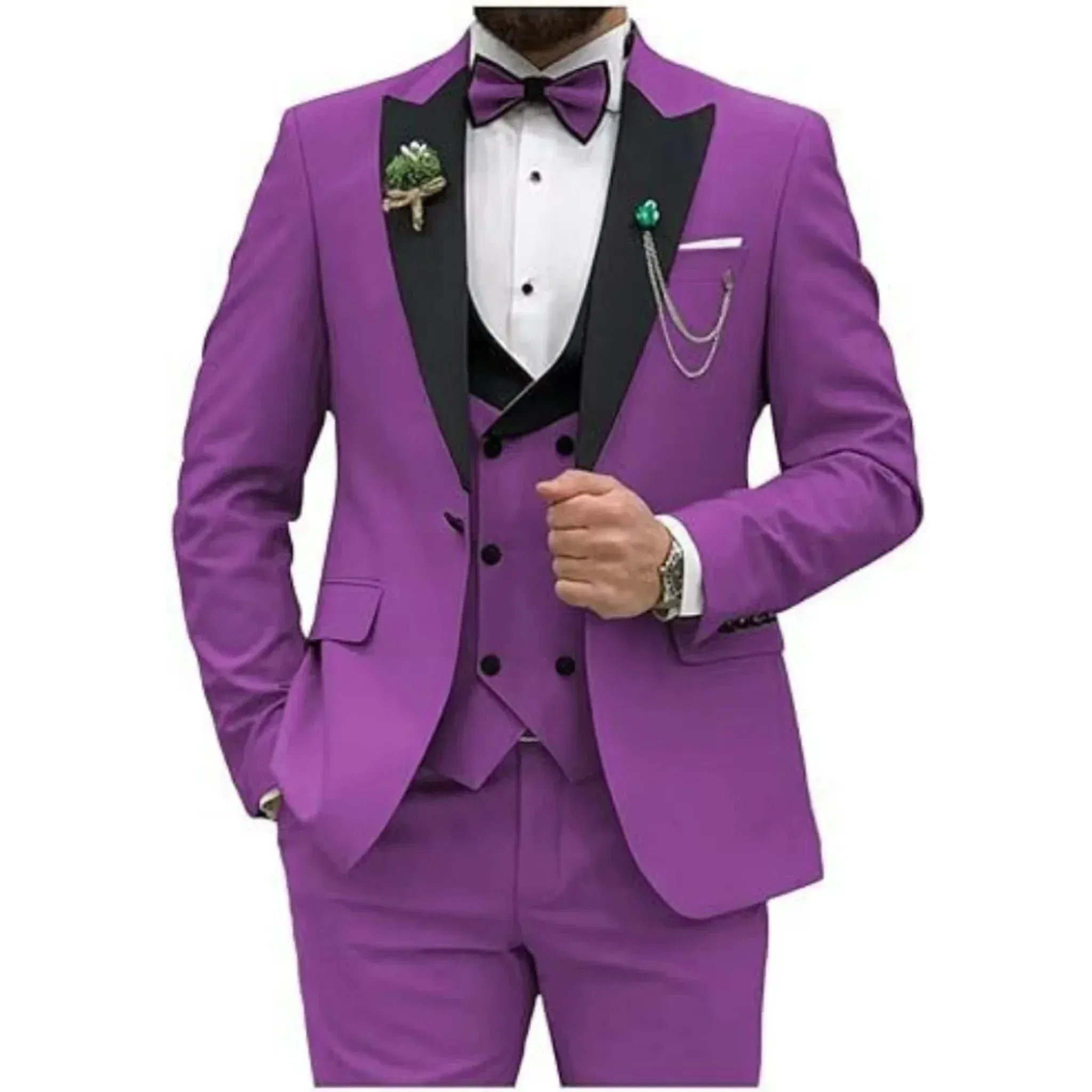 Color: PURPLE, Size: XXL - Men Suit Colorful Luxury Blazer Vest And Pant Sets 3 Piece Birthday Dress Business Prom Evening Party Costumes High Quality