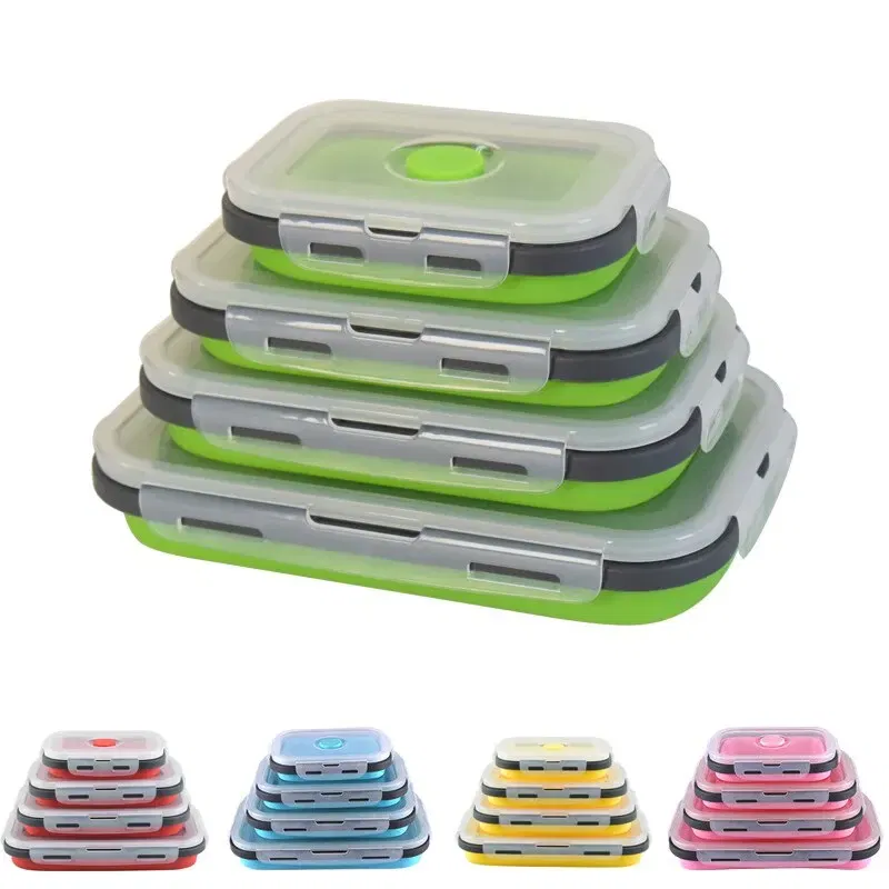 Number of Tiers: 1-tier, Color: Blue - 4PCS Foldable Silicone Lunch Box Portable Microwave Heated Lunch Box Square Silicone Preservation Box Kitchen Supplies