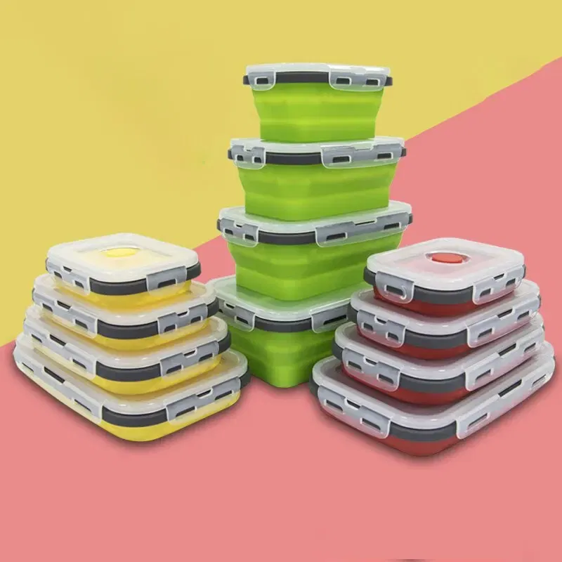 Number of Tiers: 1-tier, Color: Blue - 4PCS Foldable Silicone Lunch Box Portable Microwave Heated Lunch Box Square Silicone Preservation Box Kitchen Supplies