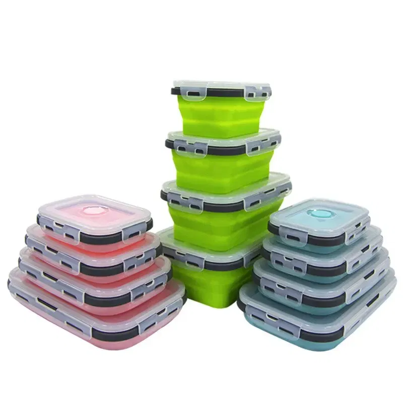 Number of Tiers: 1-tier, Color: Blue - 4PCS Foldable Silicone Lunch Box Portable Microwave Heated Lunch Box Square Silicone Preservation Box Kitchen Supplies