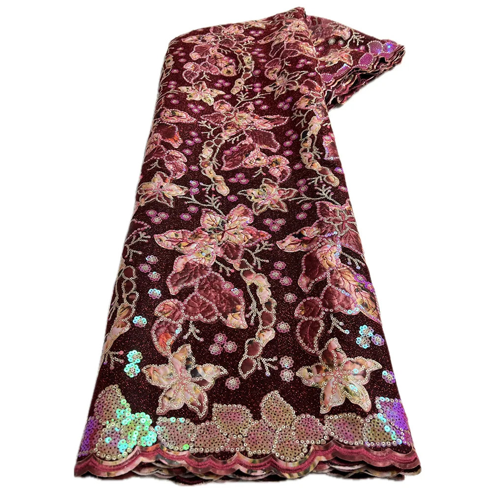 Color: Deep Green, Length: 5 yards, Width: 120cm - 2025 African Nigerian Tulle Lace Fabric Sequins Sewing Guipure Beads Stone Embroidery Dresses High Quality 4 Yards
