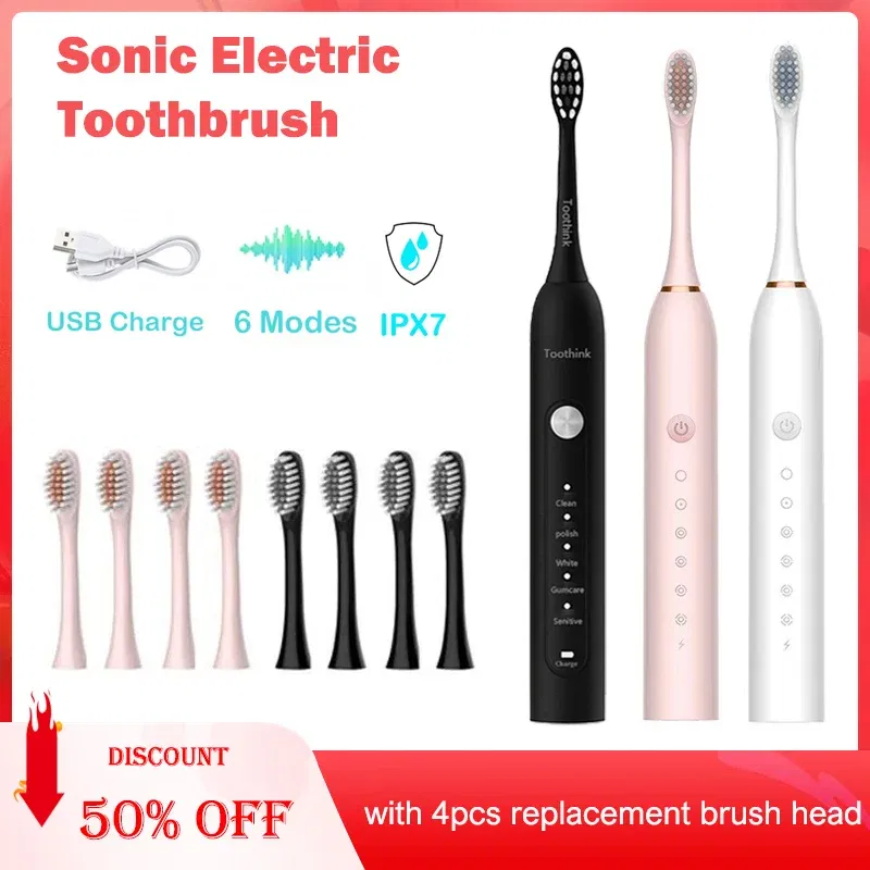 Color: WHITE - Toothink Electric Toothbrush Smart Timing Tooth Brush Rechargeable Teeth Clean Whitening Sonic Toothbrush With Replacement Head