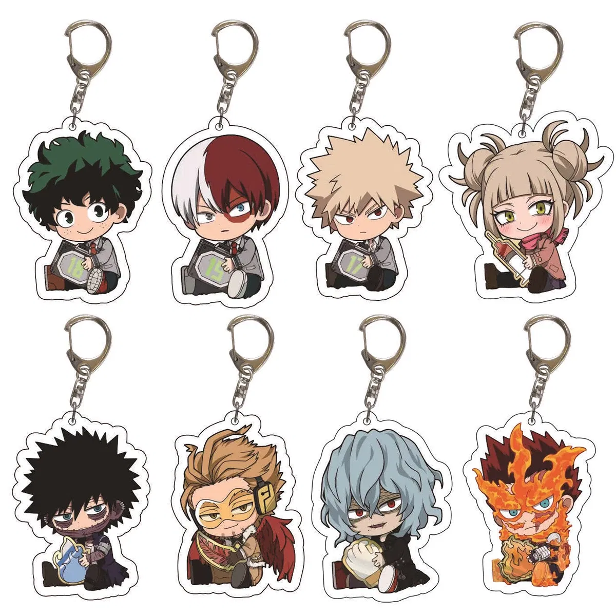 Color: WHITE - 8pcs/set Anime Keychains Hero Acrylic Keychain Izuku Bakugo Katsuki Transparent Pendant Accessories Cute Cartoon Gifts wholesale
